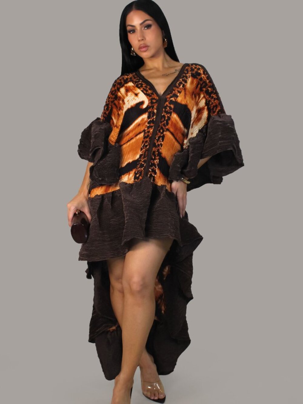 Into the Wild High Low Pleated Kaftan Dress- Brown/Multi